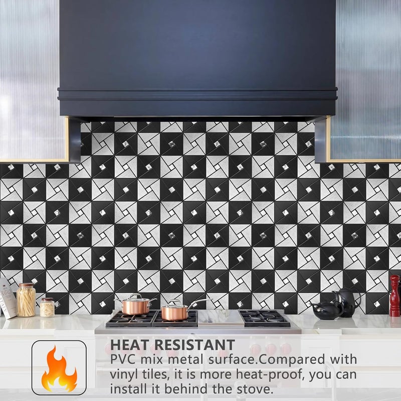 Vamos Tile Peel and Stick Backsplash Tile with Gloves - Metal Tile Stick on Backsplash for Kitchen and Bathroom Black&Silver Windmill Puzzle Glass Mixed Self Adhesive Mosaic Tiles(12"x12"x10 Sheets) - Image 2